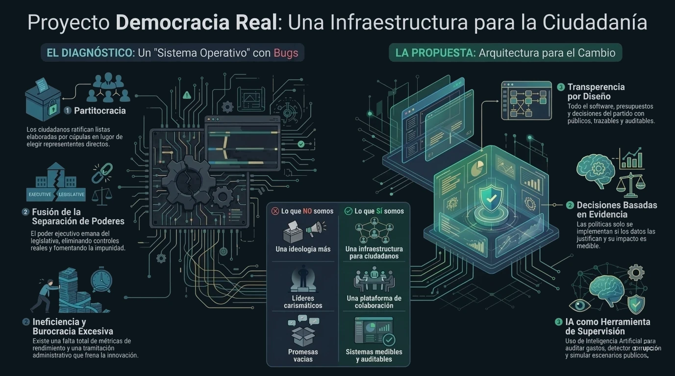 Resumen visual del Proyecto Democracia Real con diagnóstico del sistema y propuesta de arquitectura para el cambio